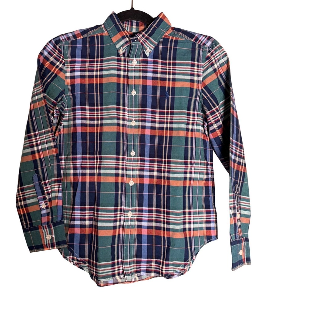 Polo Ralph Lauren Boys Plaid Button Down Shirt Green Orange Navy M 10-12 NWT